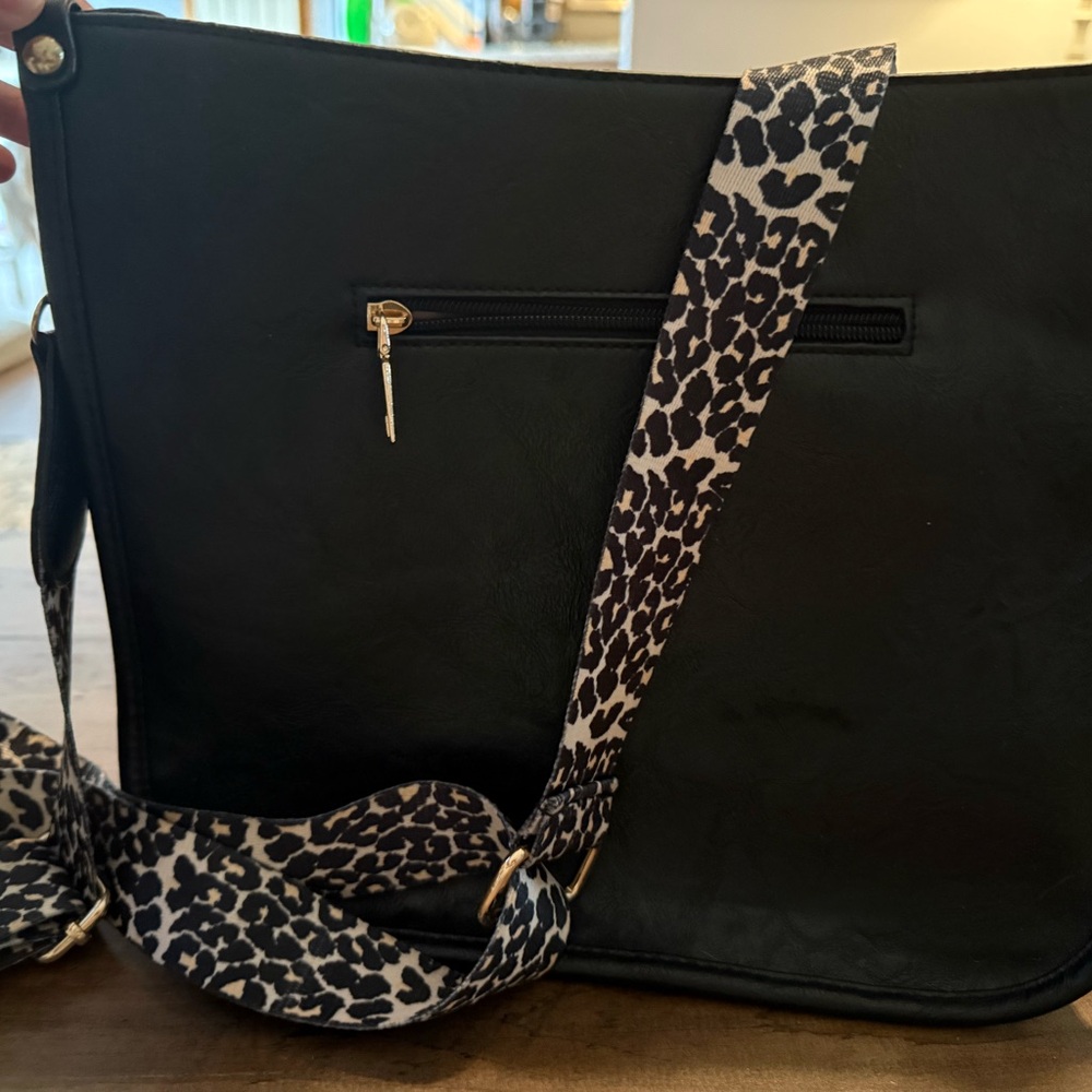 Black Shoulder Bag with Leopard Strap
